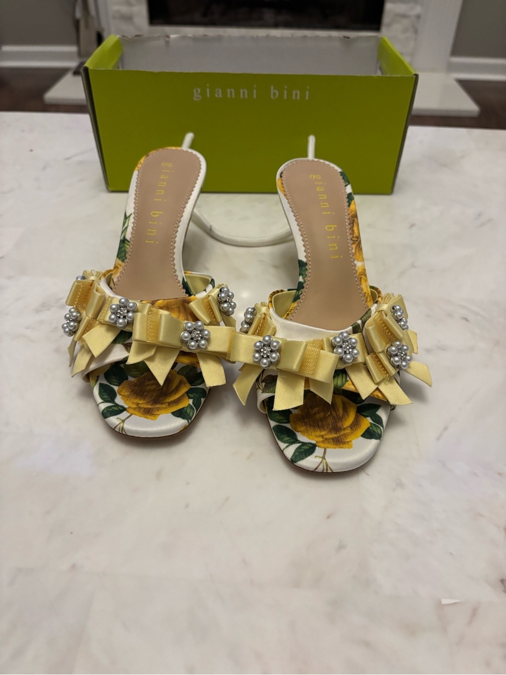 Gianni Bini Yellow Floral Bow Slide Heels with Pearl Clusters